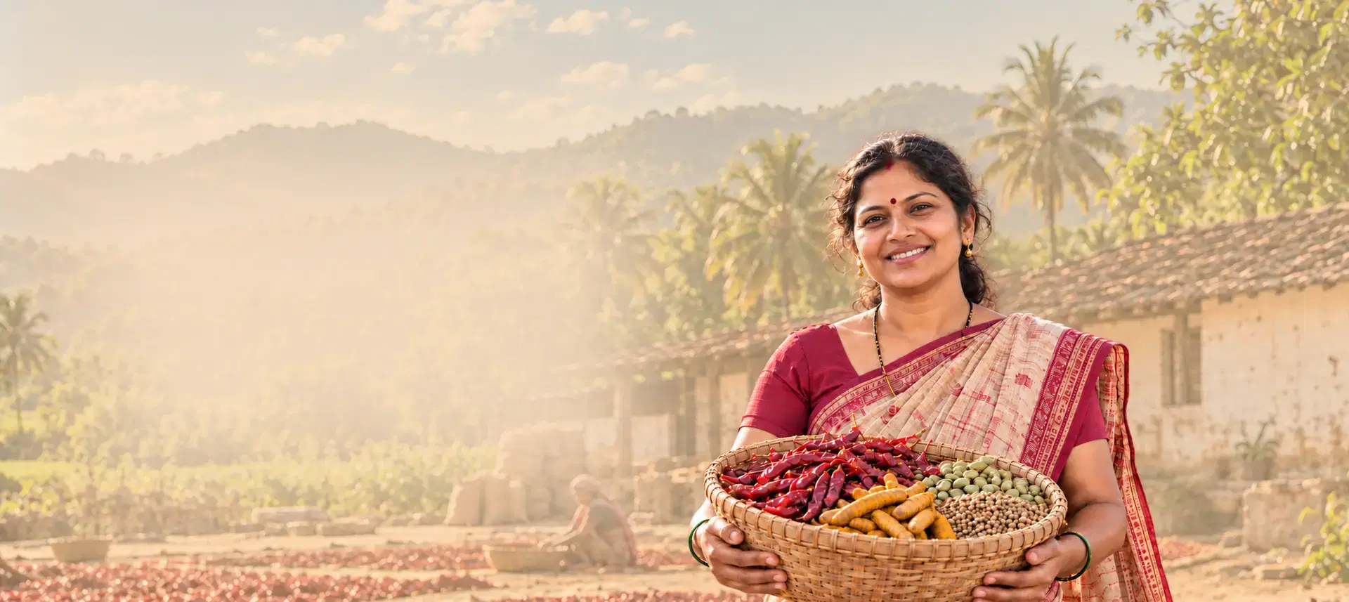 Indian woman holding a basket of Indian spices