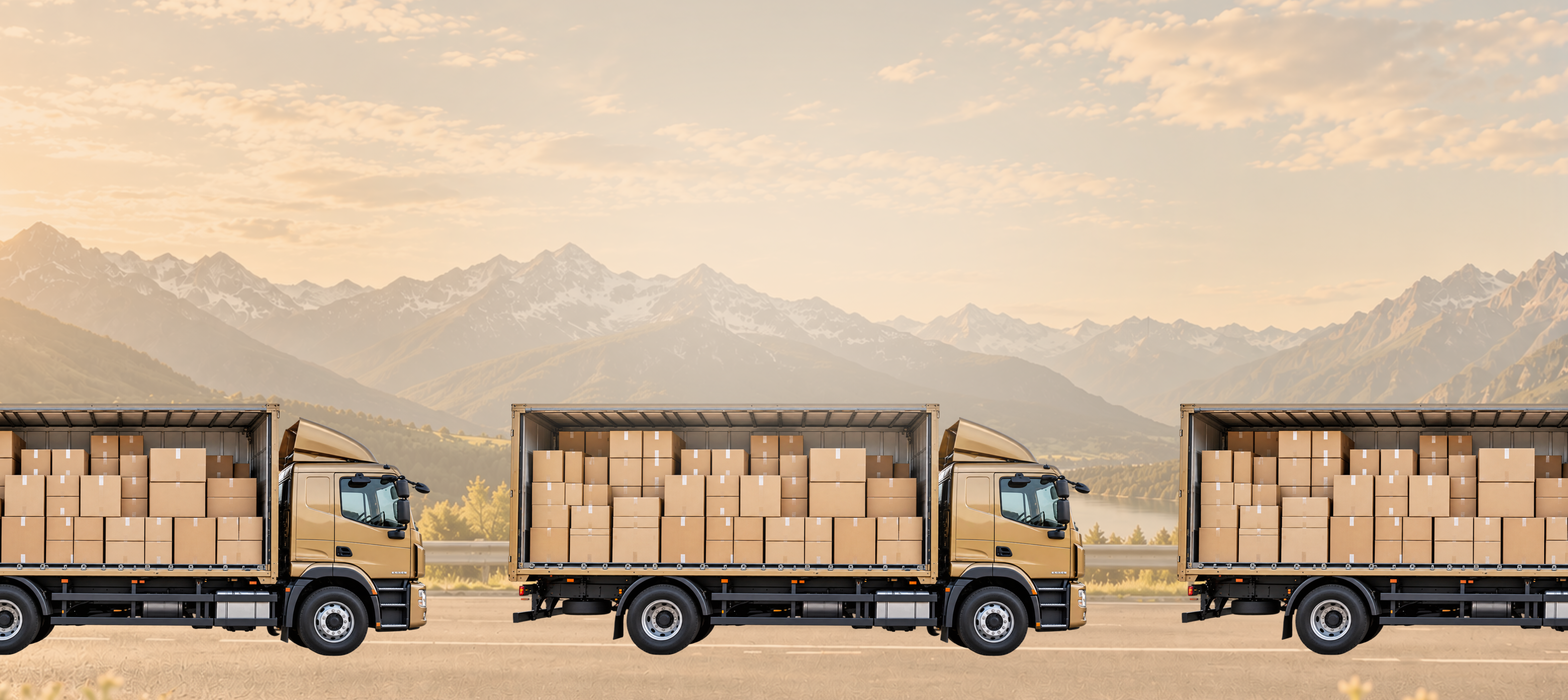 Export trucks carrying parcels against a mountain landscape